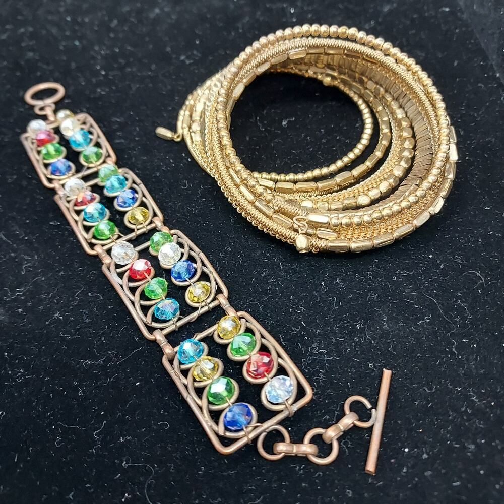 Bracelet Lot of 2 Copper Wire Glass Bead and Aged Gold Tone Memory Wire 7-7.5"